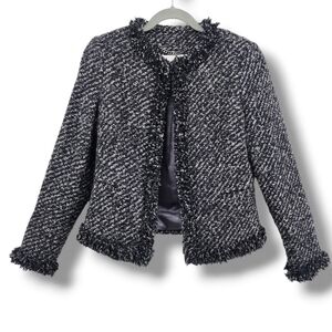 L.K. Bennett JK Till Black Cream Tweed Jacket Blazer‎ With Fringe US 6